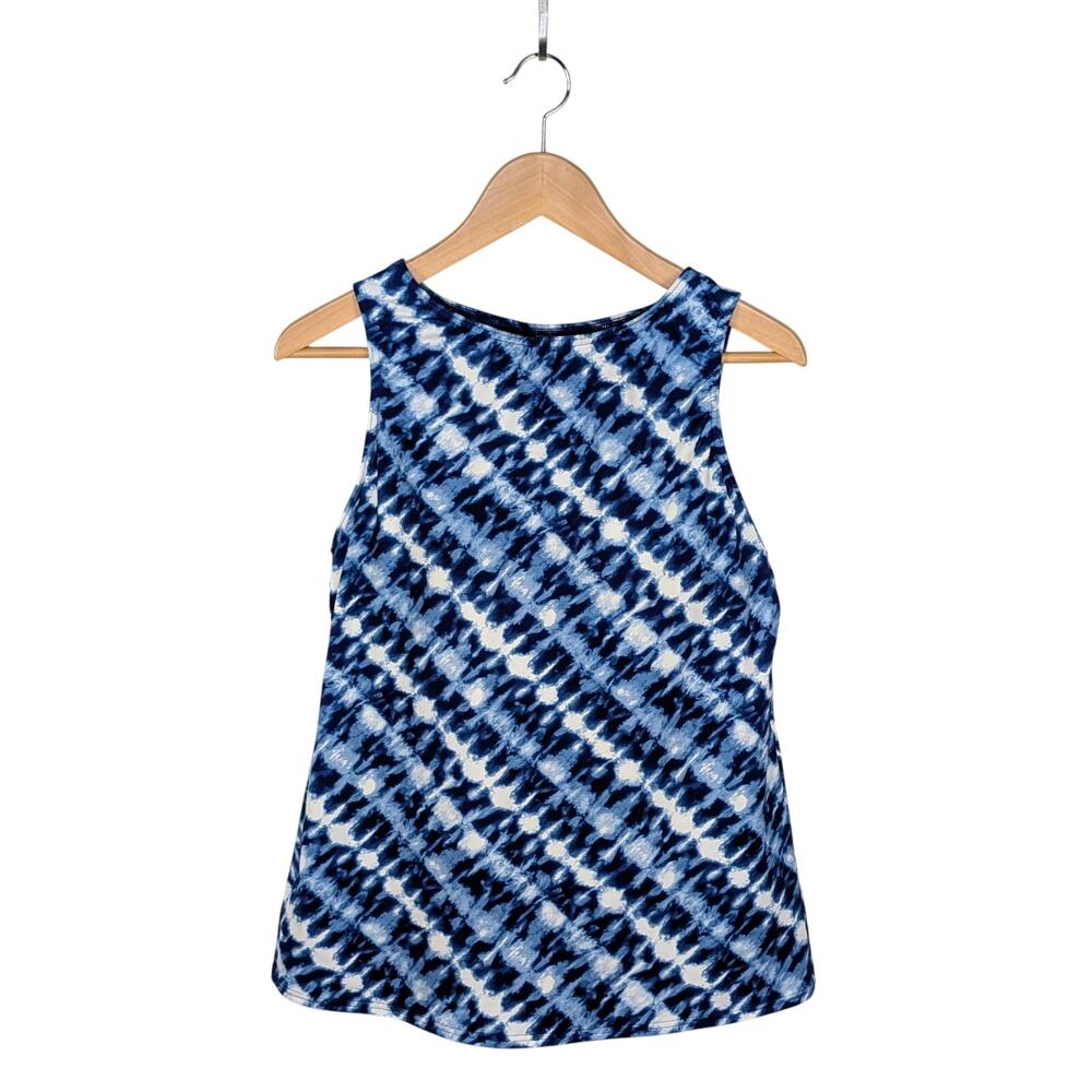 Lands’ End High Neck Modest Tankini Swim Top 14 Preppy Tie-Dye UPF 50 Navy White